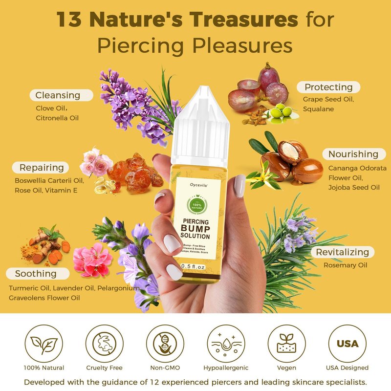 0.5oz -100% Natural Piercing Bump Solution & Keloid Bump Removal Drops (with 20 Cotton Swabs), Professional Piercings Aftercare Oil to Relieve & Reduce Appearance of Keloid/Scar on Nose, Ear & Belly