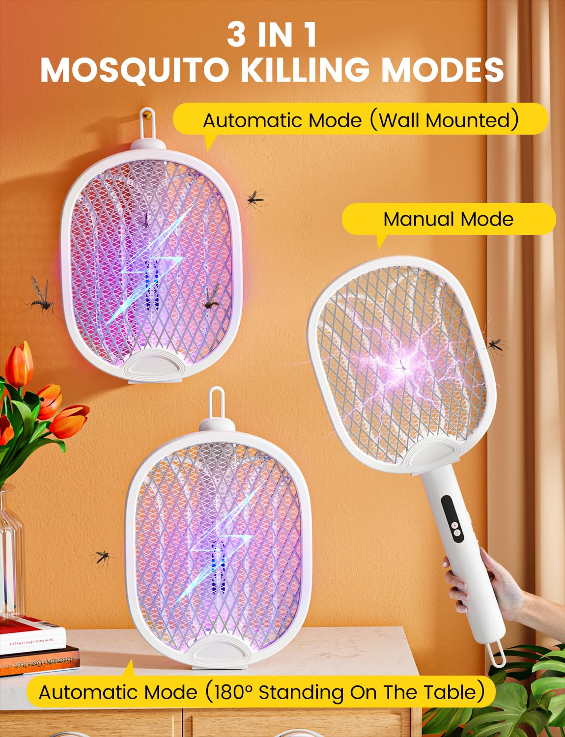 WOCVRYY Electric Fly Swatter 4000V Bug Zapper Racket with 1800mAh Rechargeable Battery 5-Layer Safety Mesh Dual Modes 180° Foldable Ideal for Indoor or Outdoor Use (White)