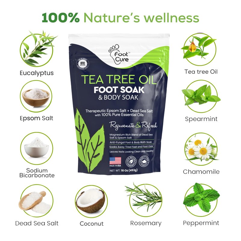 FOOT CURE Tea Tree Oil Foot Soak with Epsom Salts- for Foot Pain, Soreness, Athletes Foot, Odors, Toe Nail Fungus, Fungal, Calluses (Pack of 4)