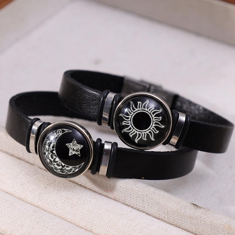 1pcs Couples Leather Strap Bracelet Women Lover Luminous Sun Moon Rope Bracelets Charm Friendship Party Jewelry Gift,Night Light Sun,6.5 * 7 * 2cm