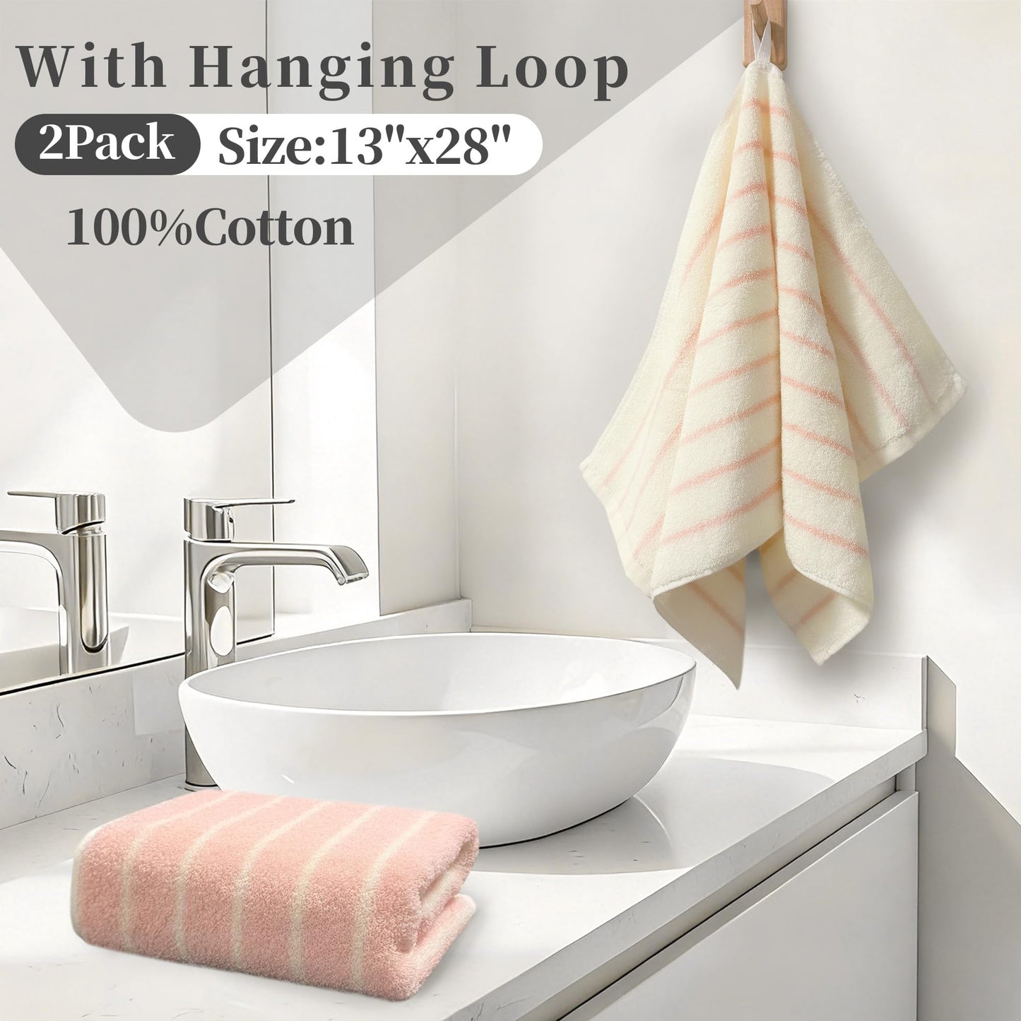 VOOVA & MOVAS Pink Stripe Natural Cotton Hand Towels Set of 2, 13"x29" – Medium Weight 420GSM with Hanging Loop, Bathroom & Kitchen Use, Absorbent | PinkGround Design for Modern Home