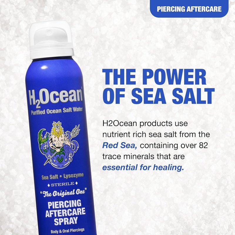 H2Ocean Piercing Aftercare Spray, Saline Spray for Piercings Cleaning Solution, with Sea Salt Nipple, Ear, Nose, Lip, Belly Piercings Cleaning Spray with Sea Salt & Bump Treatment, Set of 2