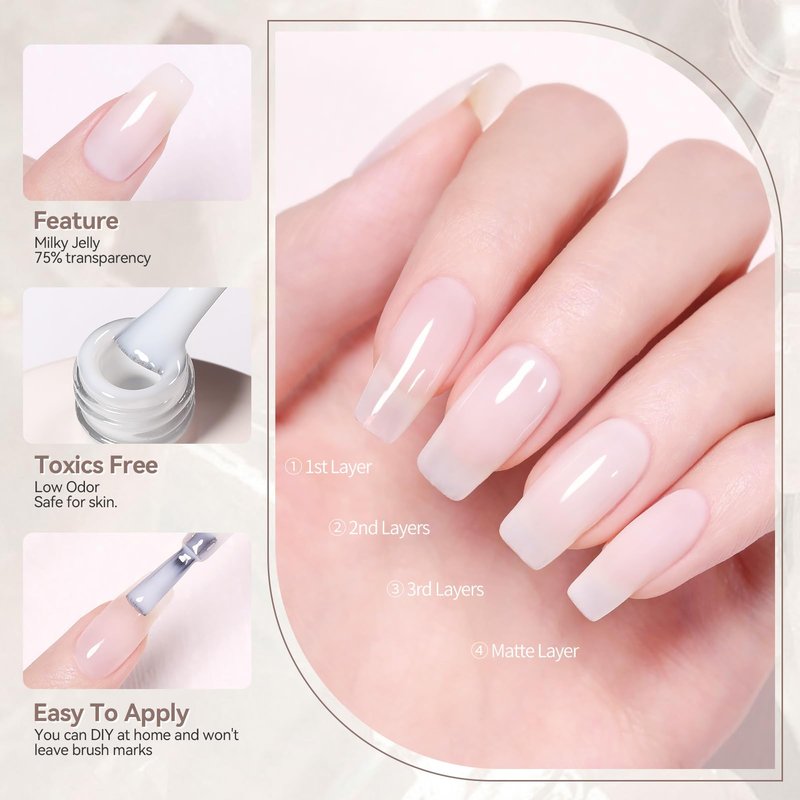 Born Pretty Milky White Gel Nail Polish Jelly White Sheer Translucent Neutral Gel Polish Soak Off Nail Art Gel 15ml, 0.54 Fl Oz