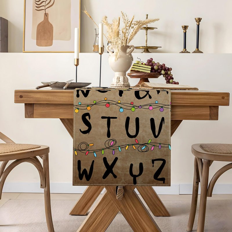 Heyfary Stranger Alphabet Table Runner Rustic Halloween Spooky Birthday Party Decorations Horror Home Kitchen Dining Room Island Decor (13" x 72")