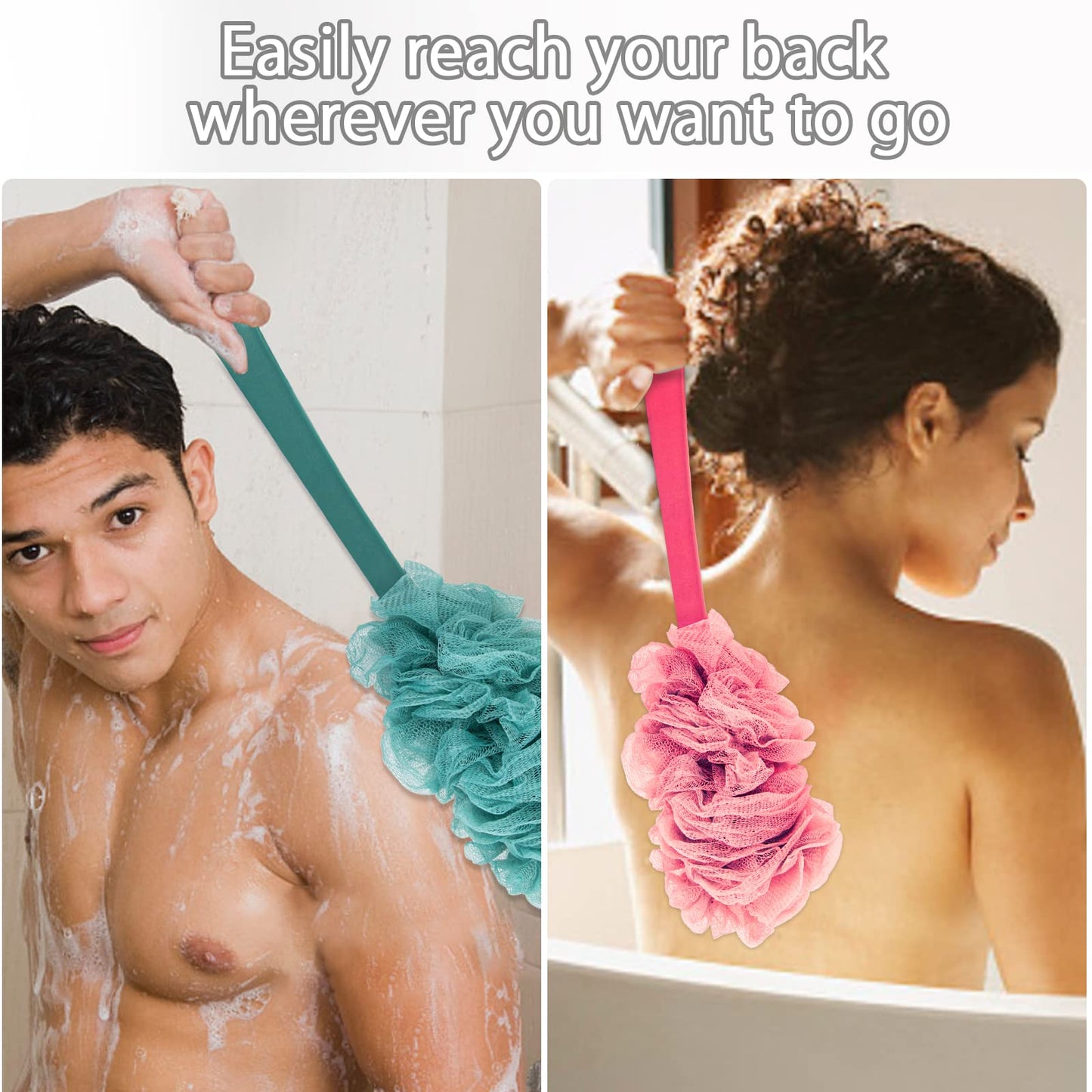 Evmliy Back Scrubber for Shower, Loofah Sponge Brush Exfoliating Body, Long Handle Scrub Brush for Shower with Loofah on a Stick for Back Use, Bathing Accessories Body Brushes (4Pack)