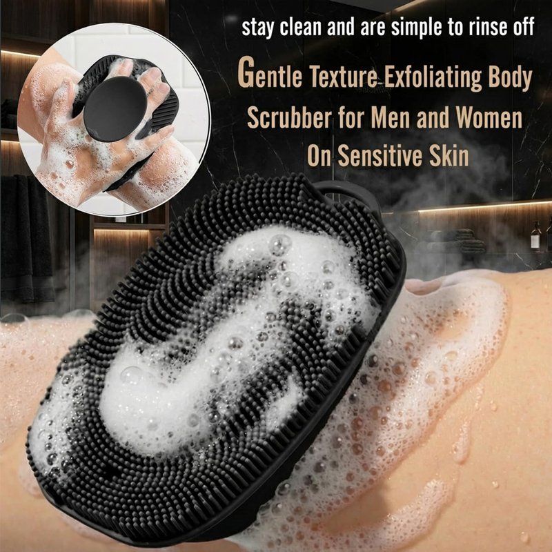 ARIOSOX, Soft Silicone Body Scrubber, Face Scrubber Silicone, Gentle Texture Exfoliating Body Scrubber for Men and Women On Sensitive Skin, Back Large Suction Cup for Easy Dry and Store (Black)