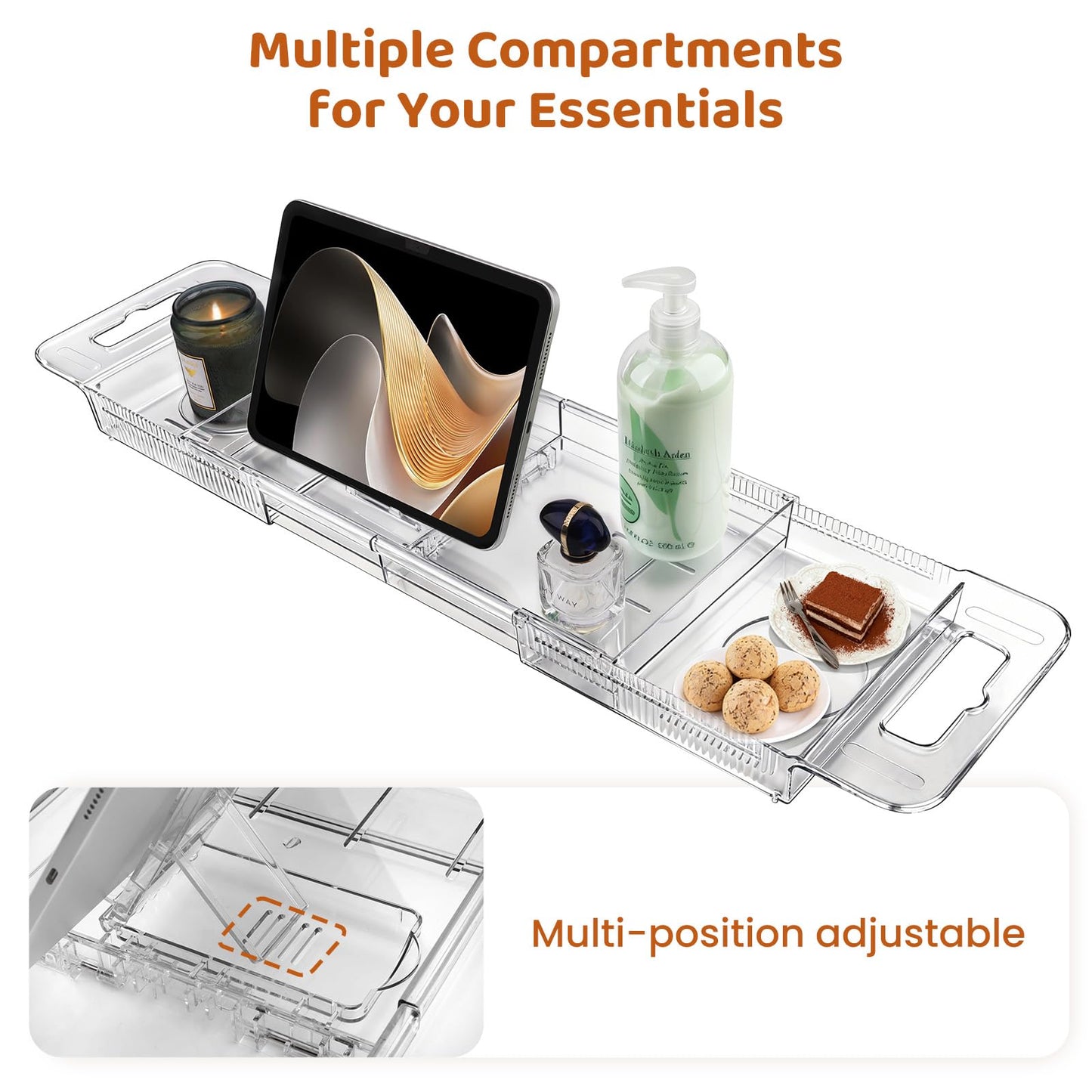 HLCZLUZ Expandable Bathtub Tray, Foldable Bath Tray for Tub, Acrylic Bath Table Trays Storage Rack, Bath Tub Tray for Bathtub & Bathroom Accessories (Transparent Bathtub Tray, 22"L x 7.8"W x 1.7"H)
