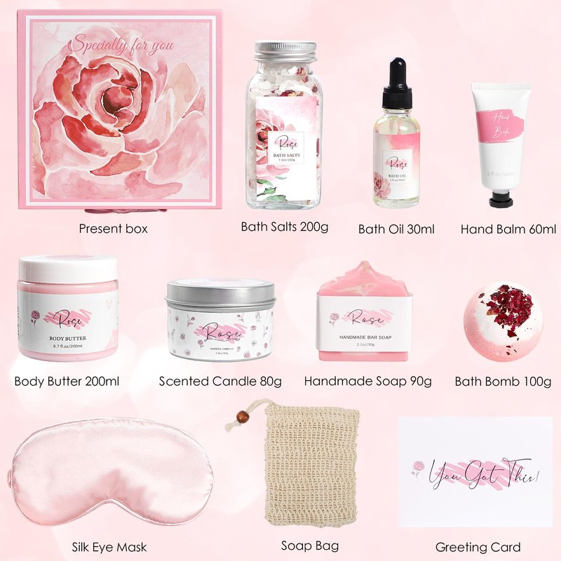 Mother's Day Gifts，Rose Spa Gifts Set, Bath Gifts Set for Women, Relaxing Spa Gift Basket for Women, Self Care Package, Home Spa Products, Birthday Gifts for Mom Mother's Day (Rose)