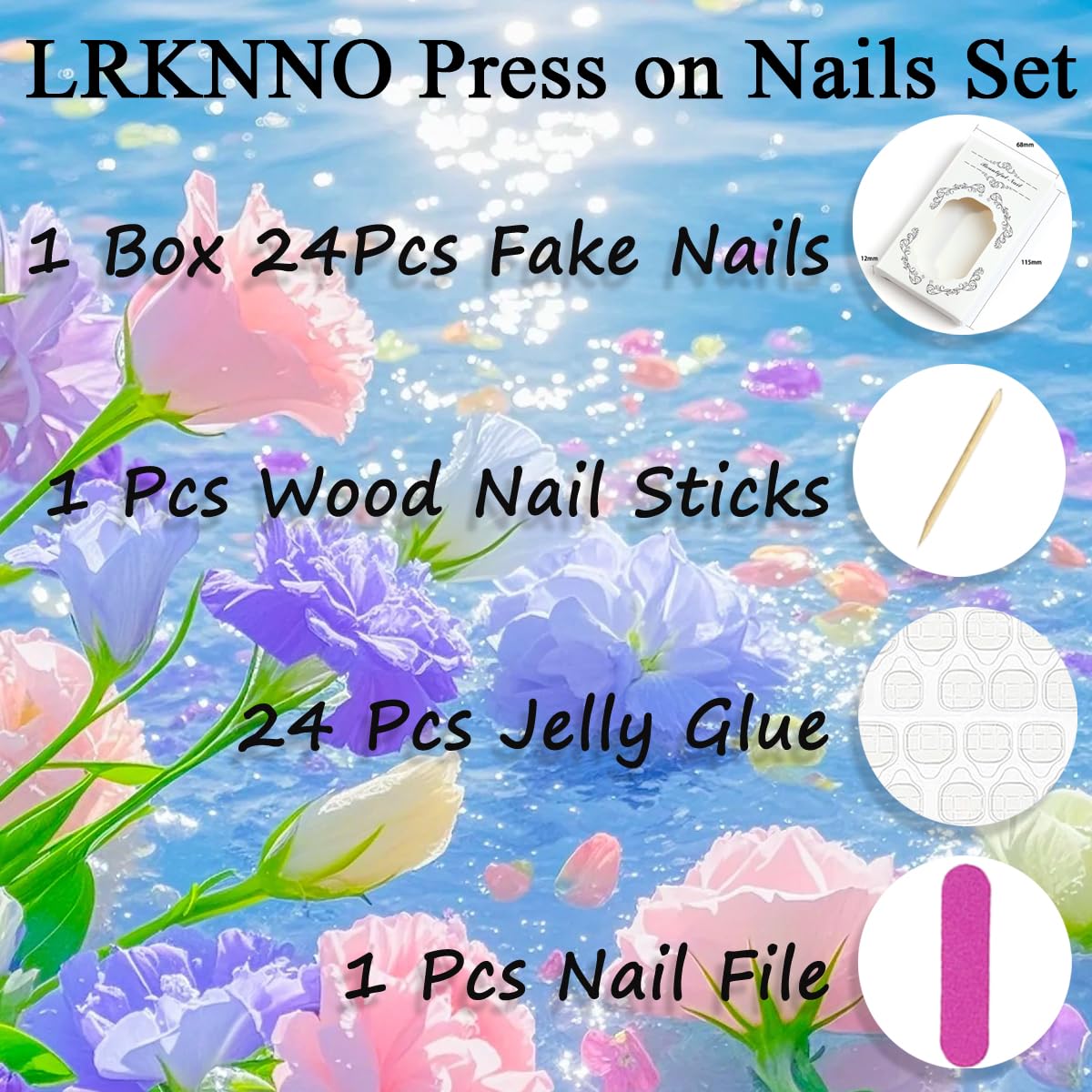 Skiennix Press-On Nails - 30 Pcs Summer Blue Flower Design with Rhinestones | Medium Almond Shape, Glossy Finish