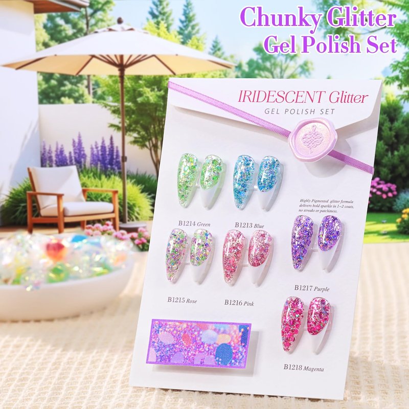 Double Rhythm Glitter Gel Polish Set of 6 Color with Display Borad 15 ml Full Size Cat Eye Magnetic Gel Nail Kit Shimmer Soak Off Manicure Salon DIY at Home (Iridescent Pink Red Rose Blue- T6-97)