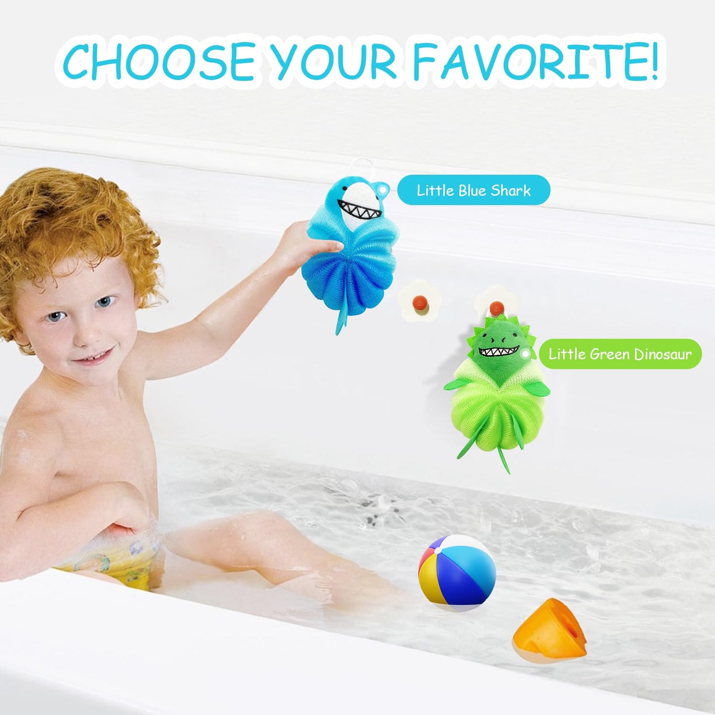 Kids Loofah & Bath Sponge, 2 Pack Loofah for Kids with Dinosaur & Shark, Gentle Baby Sponge for Bathing, Toddler Mesh Pouf for Bath Time, Soft Body Scrubber for Boys & Girls