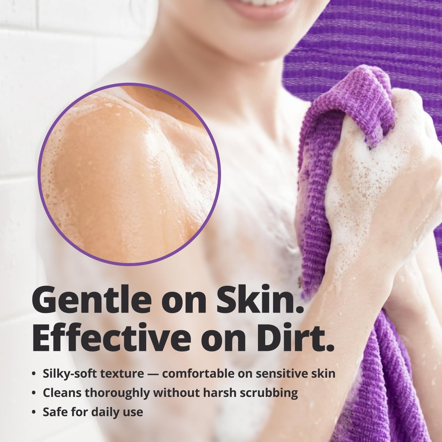 aisen Japan - Gentle Exfoliating Shower Towel, Ultra-Soft Japanese Nylon Body Scrubber, Long 47" Back Towel, Quick-Dry, Colorfast & Odor-Resistant, Made in Japan | Home & Spa (Purple)
