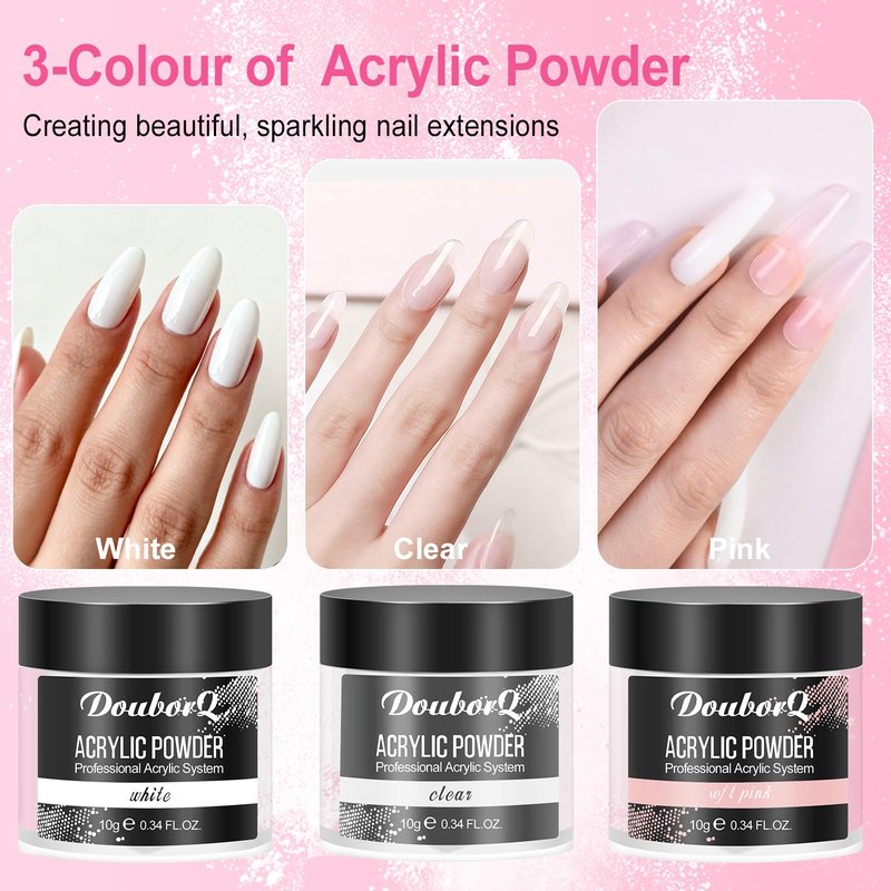 Skiennix Acrylic Nail Kit - Clear White & Pink Powder with Files, Brushes, Tips | Starter Set for Home & Salon