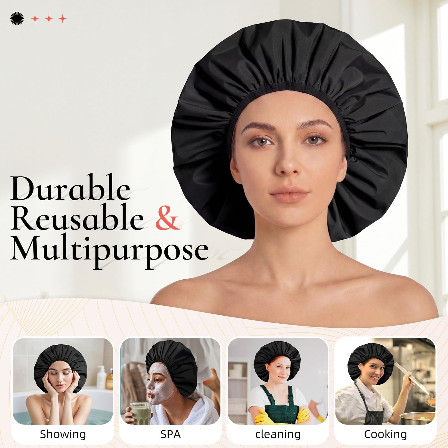 Extra Large Shower Cap for Women, Reusable Waterproof Shower Bonnet with Satin Lining, Double Layer Washable Bath Hair Cap for Braids, Locs, Long Thick Curly Hair, Natural Hair(Big Black)