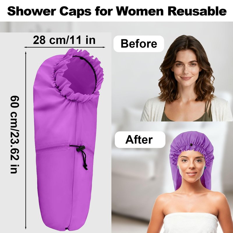 ELEBOX Extra Large Shower Cap for Braids/Curly Hair/Dreadlock | Reusable Waterproof Long Bonnets for Women Shower/Cooking/Cleaning/Spa | XL Bathing Cap with Adjustable Drawstring & Button, Purple