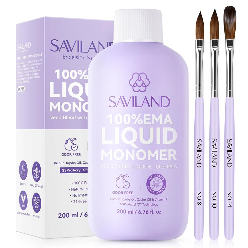 SAVILAND EMA Monomer Acrylic Nail Liquid: 6.76fl.oz Non-Yellowing Low Odor Acrylic Liquid Monomer with Size 8,10,14 Brushes for Beginners DIY Nail Art Extension & 3D Sculpting Home Salon
