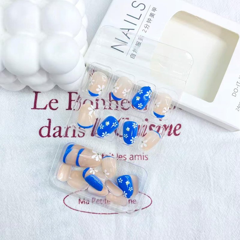 Skiennix Blue French Tip Press-On Nails - Short Almond Floral Design | Reusable Glossy Acrylic for Women
