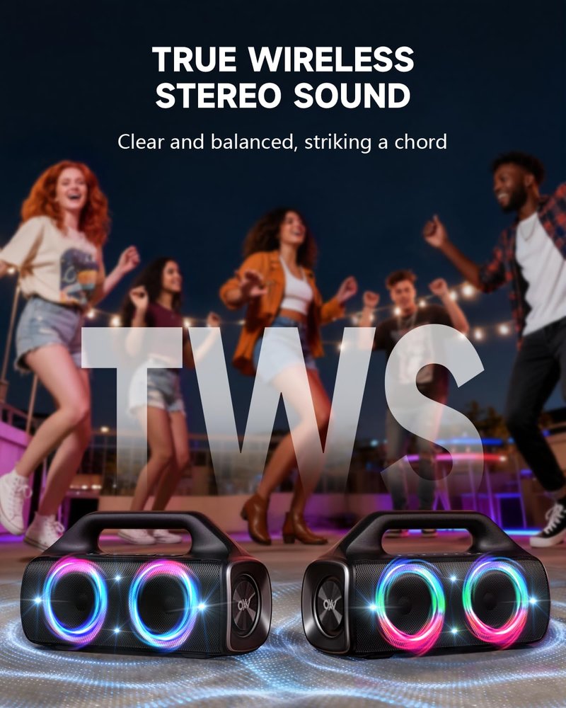 OYW IPX67 Waterproof Bluetooth Speaker:80W(Peak) Loud Outdoor Portable Wireless Party Speakers with LED Lights,20H Playtime,Bluetooth 5.3,Deep Bass & TWS for Pool,Beach