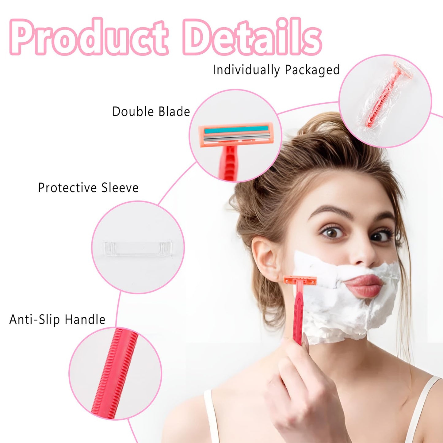 WATUNID Disposable Razors for Women, Pink Stainless Steel Razor Blades with A Drawstring Storage Bag, Multipurpose Manual Shave Bulk, Can Be Used in Bathing Hotel Travel Camping Home(50 Count)