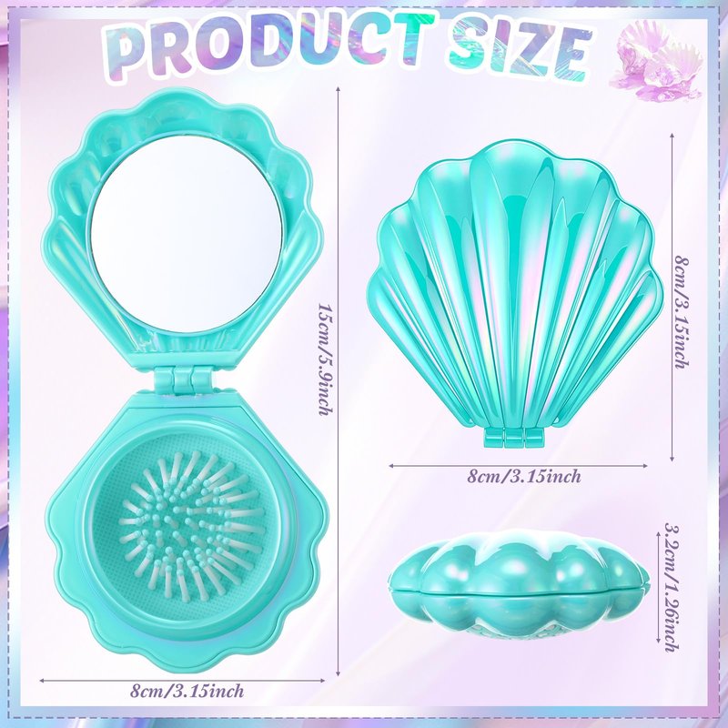 Meanplan 12 Pcs Mermaid Party Favors Shell Hair Brush with Mirror Foldable Mini Travel Pocket Hair Brush Compact Makeup Comb for Women Girls Valentines Day Birthday Gifts(3 Colors)