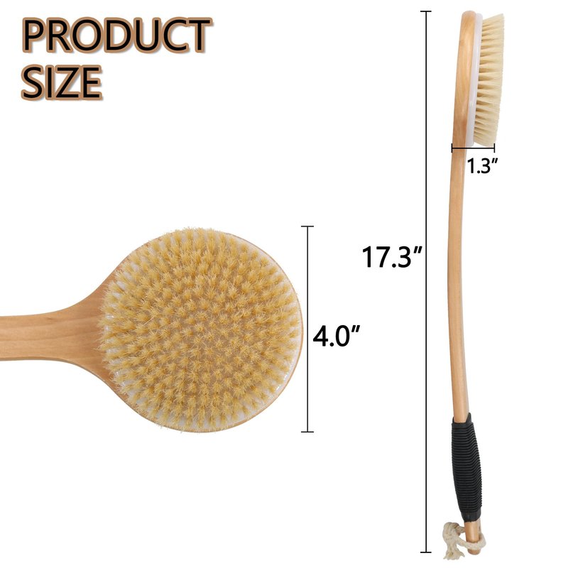 OWIIZI Round Head Back Scrub Brush for Body Shower, Wooden Long Handle Bristles Tub Soaping Bath Brushes, Skin Exfoliator Scrubber Brush for Men Women Elderly Wet or Dry Use