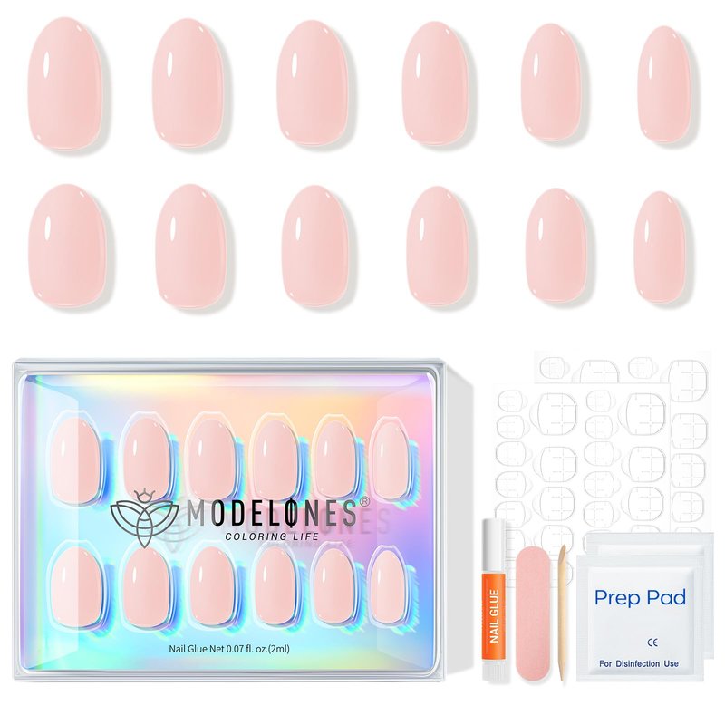 modelones Nude Pink Short Press on Nails, Semi-Transparent Oval Fake Nails Kit Press Ons with Nail Glue, Adhesive Tabs, Nail File, Prep Pad, Manicure Stick, 32Pcs 16 Sizes, Spring Women Girl Gift