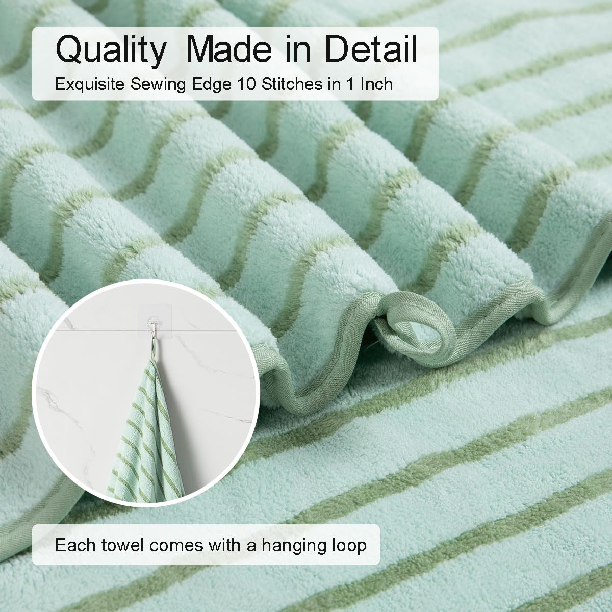 Oliven 8 Pcs Green Cabana Stripe Large Bath Towel Set Oversized Bath Sheet-2 Bathroom Towels,2 Hand Towels,4 Washcloths Soft Jumbo Absorbent Shower Towel Quick Dry Beach Chair Spa Gym Hotel Towel