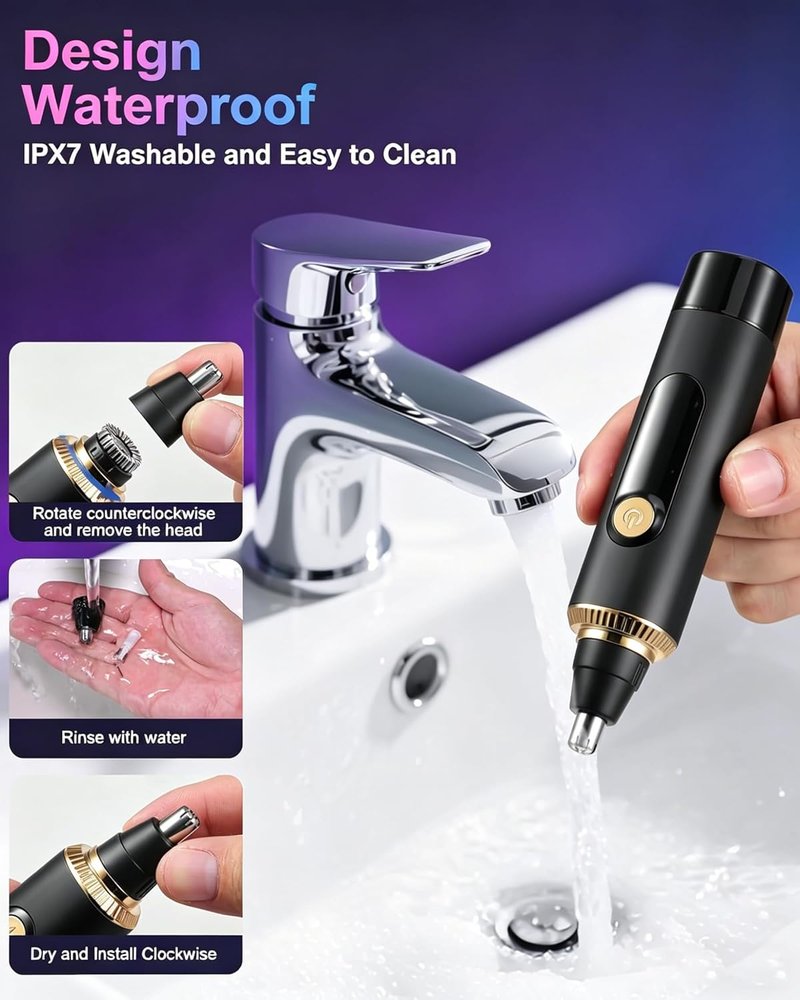 Nose Hair Trimmer - Painless IPX7 Waterproof Facial & Eyebrow Hair Remover | USB Rechargeable, LED Display, Black