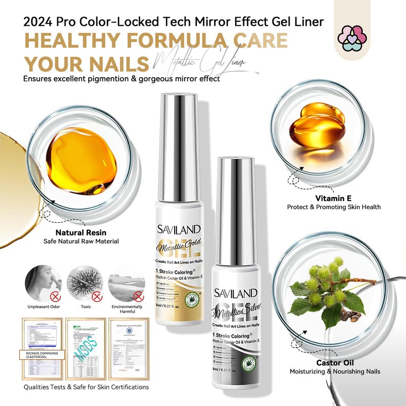 SAVILAND Metallic Gel Liner Nail Art: 2PCS Silver & Gold Metallic Gel Nail Polish Chrome 3D Effect Mirror Gels Polish Build in Thin Brush Metal Painting Gels Nails Design for Salon Home DIY