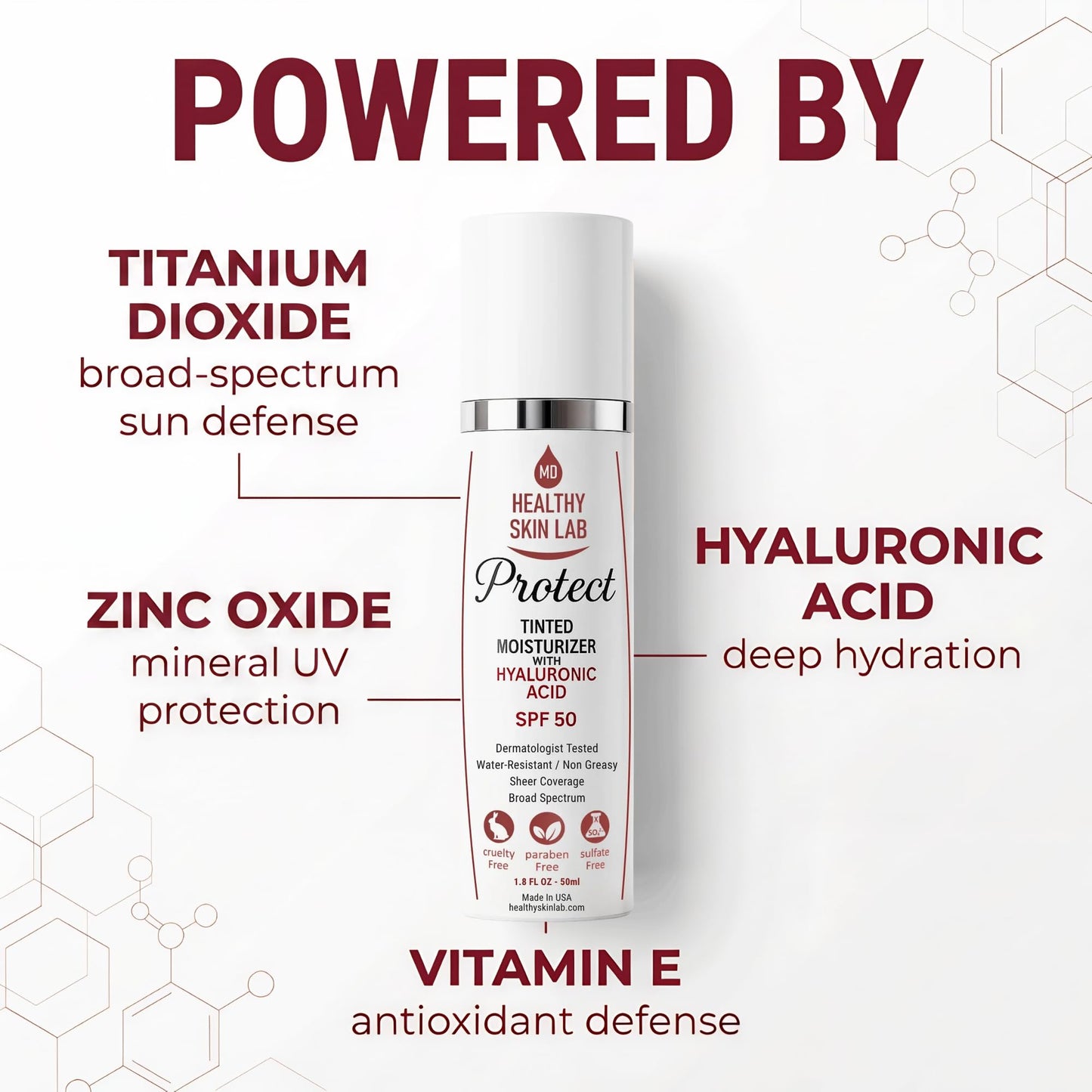 Healthy Skin Lab Protect Tinted Moisturizer SPF 50, Sheer Universal Tint, Lightweight Hydrating Mineral Sunscreen for Face, Hyaluronic Acid, Broad Spectrum Daily SPF, Dermatologist Tested, 1.8 oz