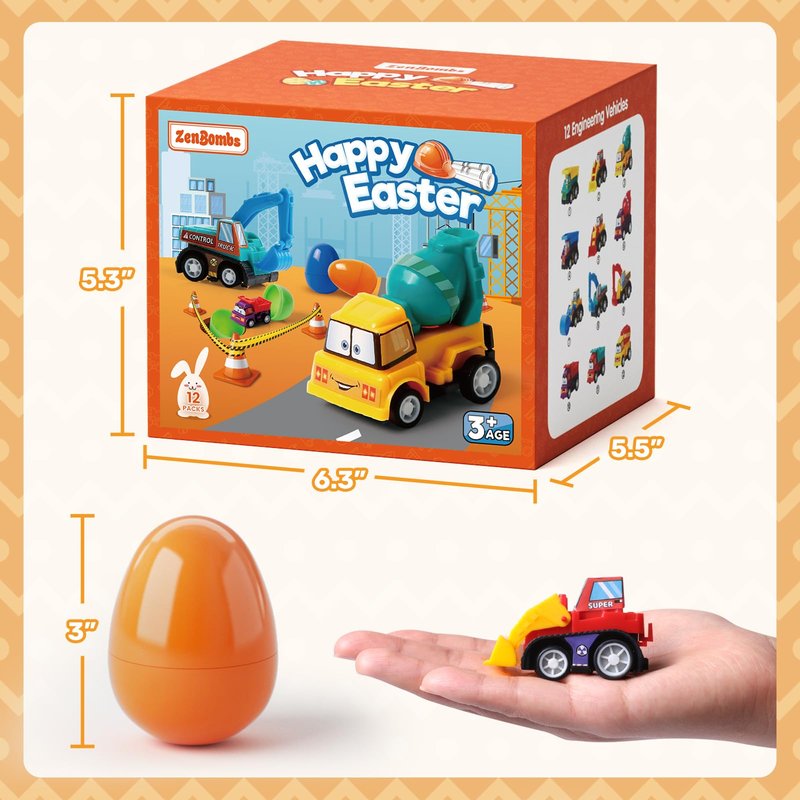 ZenBombs Easter Eggs with Toys Inside-12 PCS Colorful Plastic Easter Eggs Filled with Toy Vehicles for Kids-Surprise Egg for Easter Egg Hunt, Easter Basket Stuffers and Kids Birthday Party Favors
