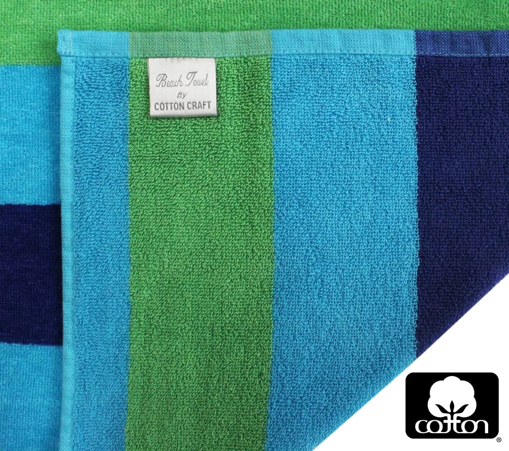 COTTON CRAFT Oversized Extra Wide XL Beach Blanket Towel for Two - 58x68-100% Cotton Velour - Big & Huge - Pool Picnic Bath Jacquard Thick Plush Super Soft Luxury - 450 GSM - Cabana Stripe Blue Green