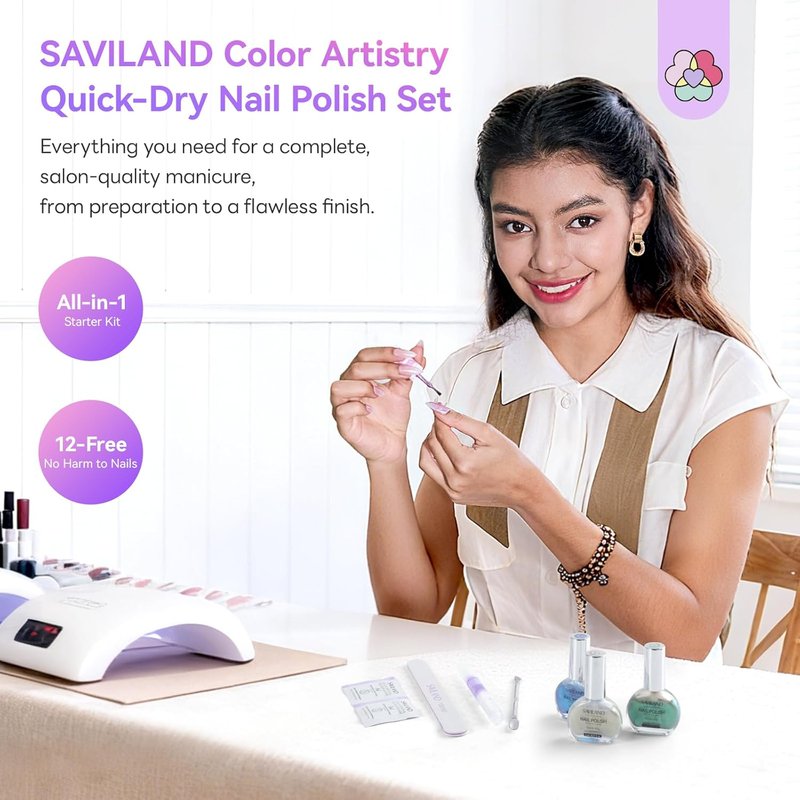 Aurora Nail Polish Kit - Quick-Dry 6+1 Colors Set with 3-in-1 Base, Top Coat & Cuticle Oil | Pearl Glitter Pink, Blue, Green, 12-Free