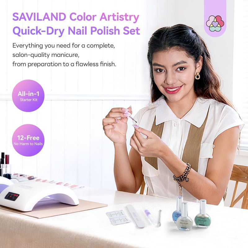 SAVILAND Quick-Dry Aurora Nail Polish Kit: 6+1 Colors Nail Polish Set with 3-in-1 Base Top Coat Cuticle Oil Pearl Glitter Pink Blue Green 12-Free Fingernail Polish Home DIY for Women Gift