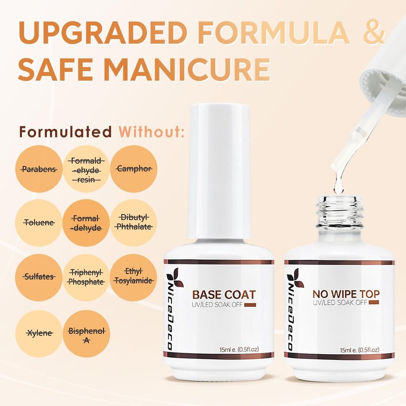 Nicedeco Gel Nail Polish Set - Hema Free No Wipe Top & Base Coat | 2 Pcs, 15ml, Low Odor, Vegan, Long Lasting