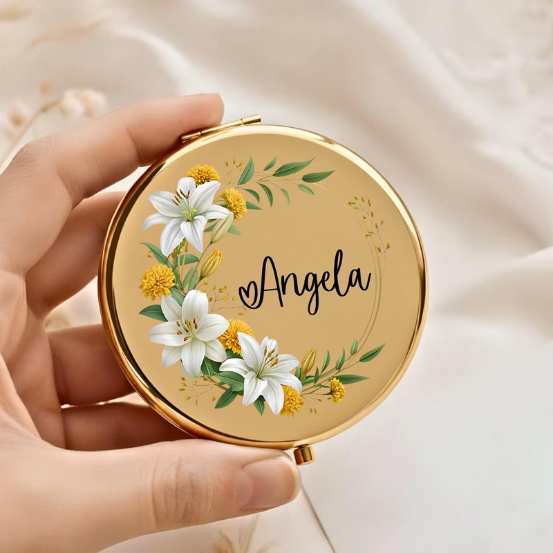 KeenlyMade Personalized Compact Travel Mirror with Floral and Name, Double-Sided Folding Handheld Mirror for Purse, Gifts for Mothers Day from Daughter/Son