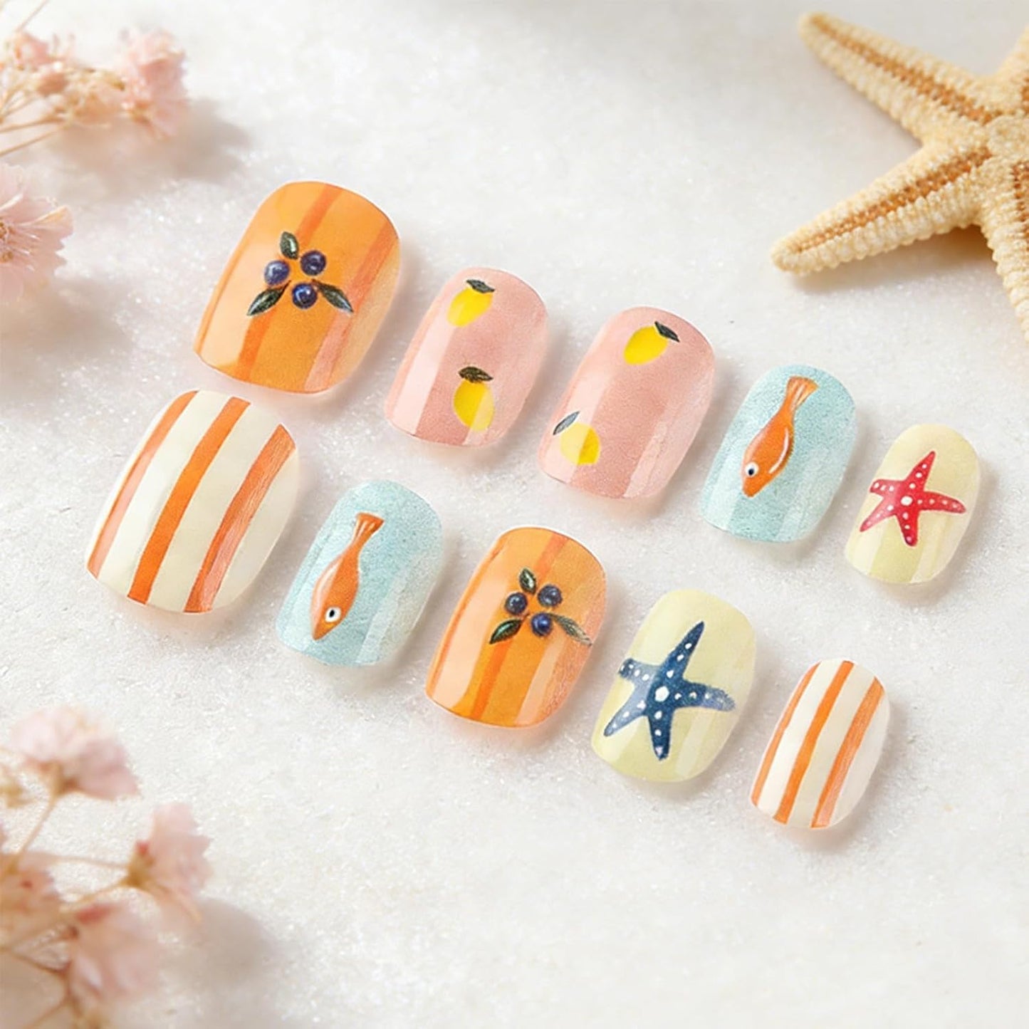 Skiennix Short Square Press-On Nails - Colorful Summer Designs with Starfish & Stripes | 24 Pcs