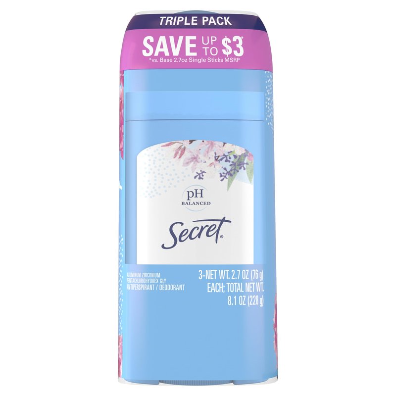 Secret Wide Solid Antiperspirant and Deodorant for Women, 24hr Sweat and Odor Protection, Stay Fresh & Dry All Day Long, pH-Balanced Formula, Powder Fresh Scent, 2.7 oz (3 pack)