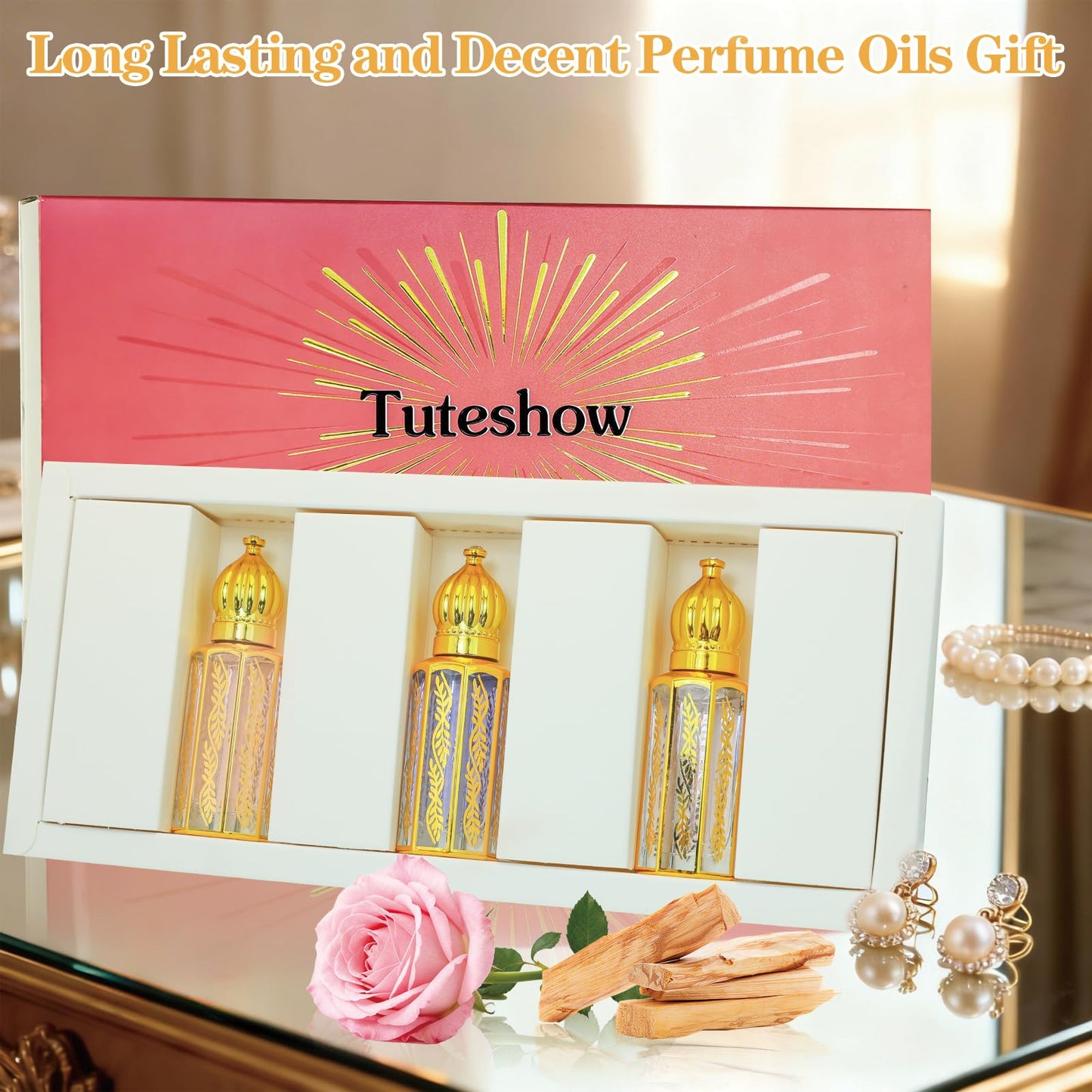 Tuteshow Arabic Perfume Oil for Women, Long Lasting Arabian Perfume Oil Roll On Rose, Sandalwood, Musk, 0.4 fl. oz