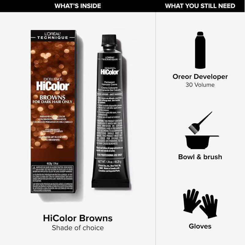 L'Oréal Technique HiColor Permanent Hair Color - Rich Browns & Blondes, One-Step Dark Hair Lift, No Brassiness