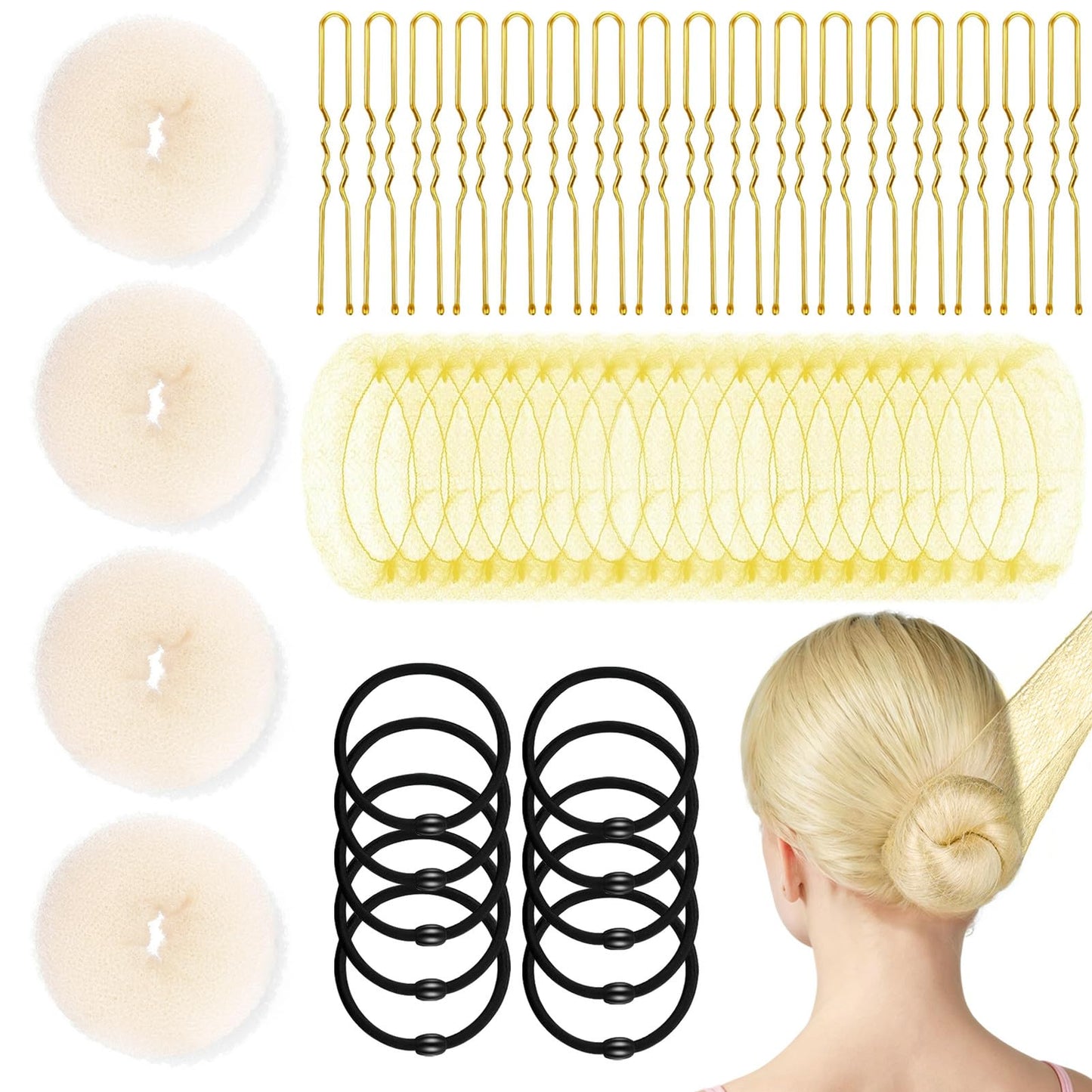 YINGFENG 134 Pcs Beige Hair Bun Maker Kit for Kids Small - 4 Hair Donuts for Buns, 20 Hair Nets for Buns, 100 U Shaped Bobby Pins, 10 Hair Bands, for Girls, Ballet Dance, Hair Accessories for Women