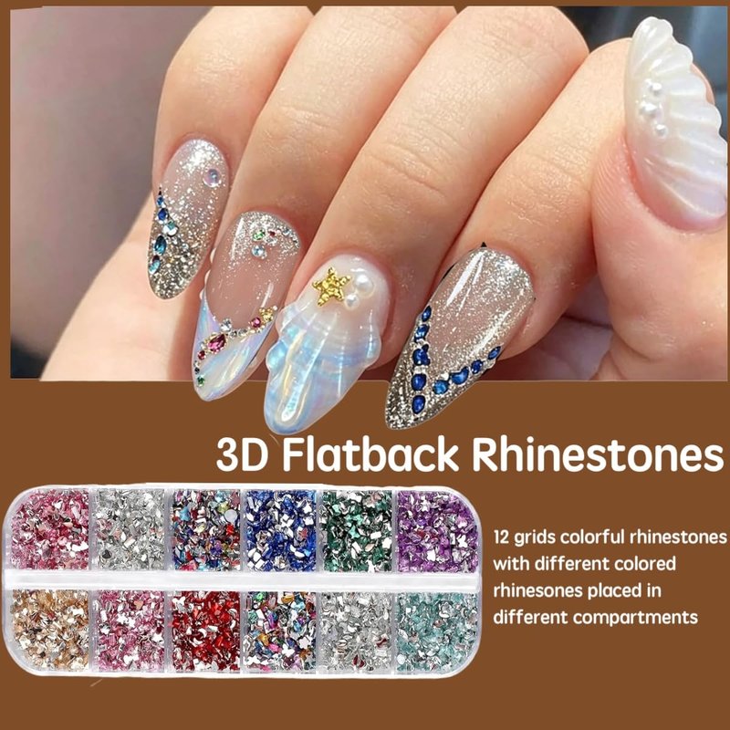 Nail Charms Nail Art Tools Set, Nail Art Kit with 4 Boxes of 3D Nail Charms and Gems Rhinestones, 1 Box Clear Nail Tips, 15 Pcs Nail Art Brushes, 5 Pcs Nail Dotting Tools, Nail Stand (colorful)
