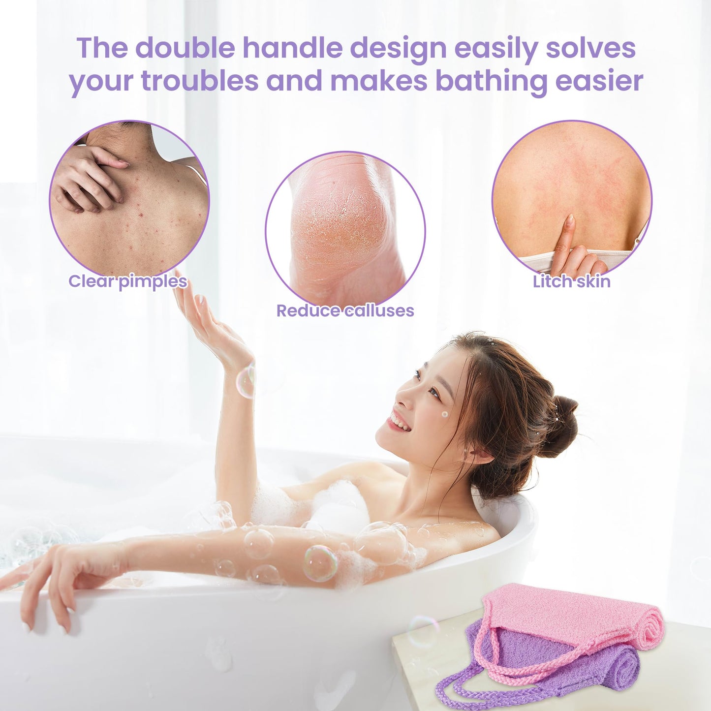 3 Pcs Double-Sided Back Exfoliator Body Scrub Towel, Exfoliating Back Scrubber with Handles,Exfoliating Washcloth Bath Tool in Shower, Stretchable Back Washer to Deep Cleans Skin (Purple)