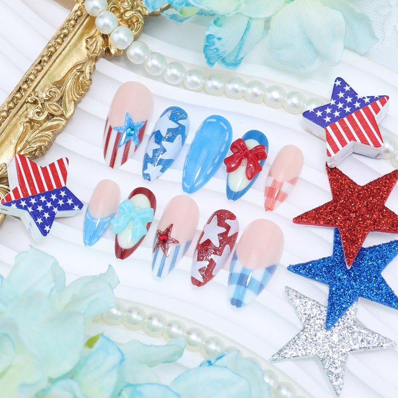 30Pcs French Tip Press on Nails Medium Almond 4th of July Fake Nails with Star & Bow Designs Red White Blue Independence Day Glue on Nails Reusable Acrylic False Nails for Women Patriotic Holiday Nail