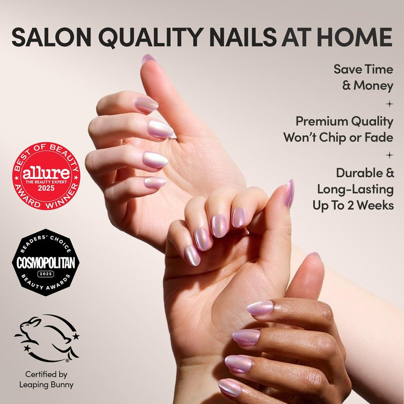 Glamnetic Press On Nails - Oyster Fake Nails | Short Oval Cat Eye Fake Nails with a Velvet Pearlescent Finish, Salon Quality Summer Nails | 15 Sizes - 30 Nail Kit with Glue