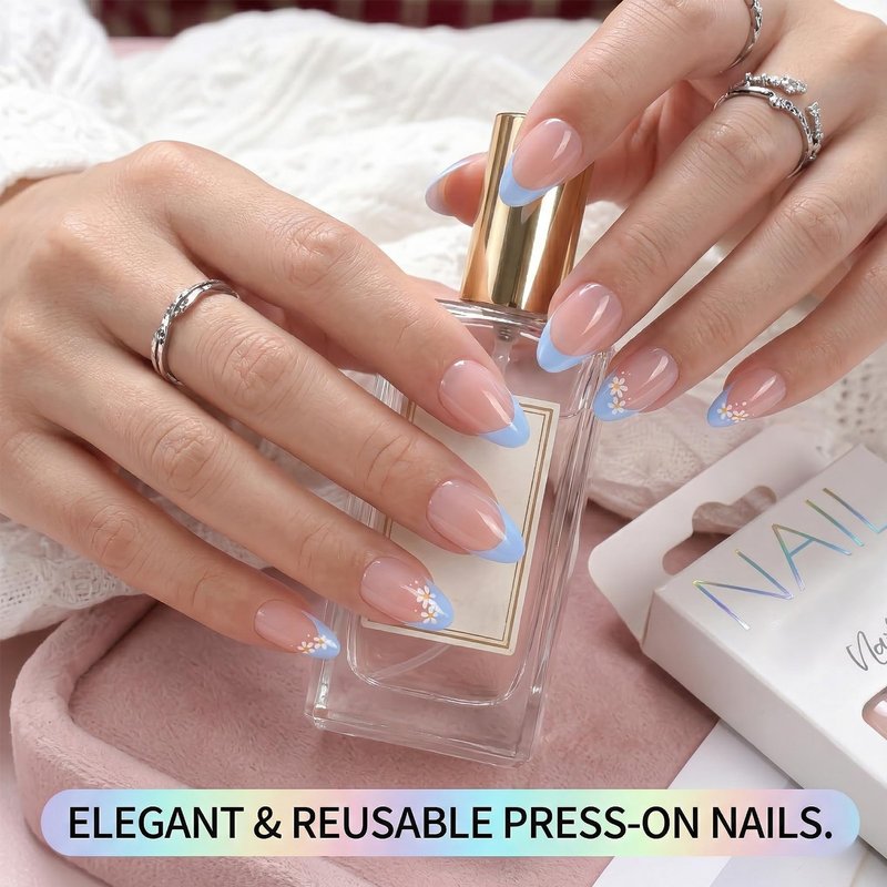 24 Pcs Press On Nails Short Almond, Nude Pink French Tip Fake Nails with Blue Tips & Daisy Design, Glossy Jelly Finish Stick On Nails Set for Women Girls DIY Nail Art