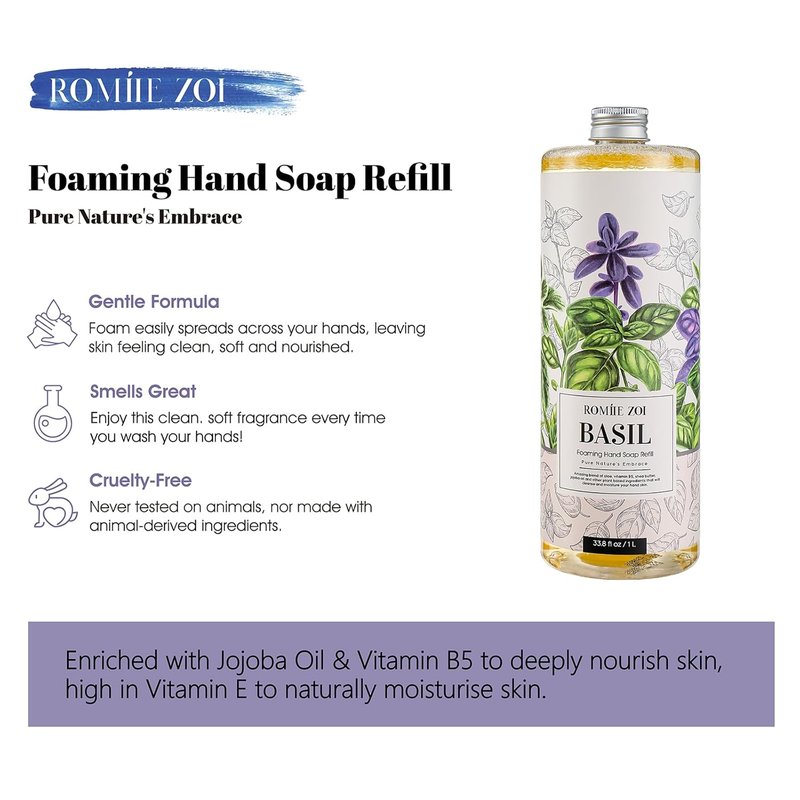 ROMIIE ZOI Foaming Hand Soap Refill - Gentle & Moisturizing Basil Formula | 1 L / 33.8 FL OZ