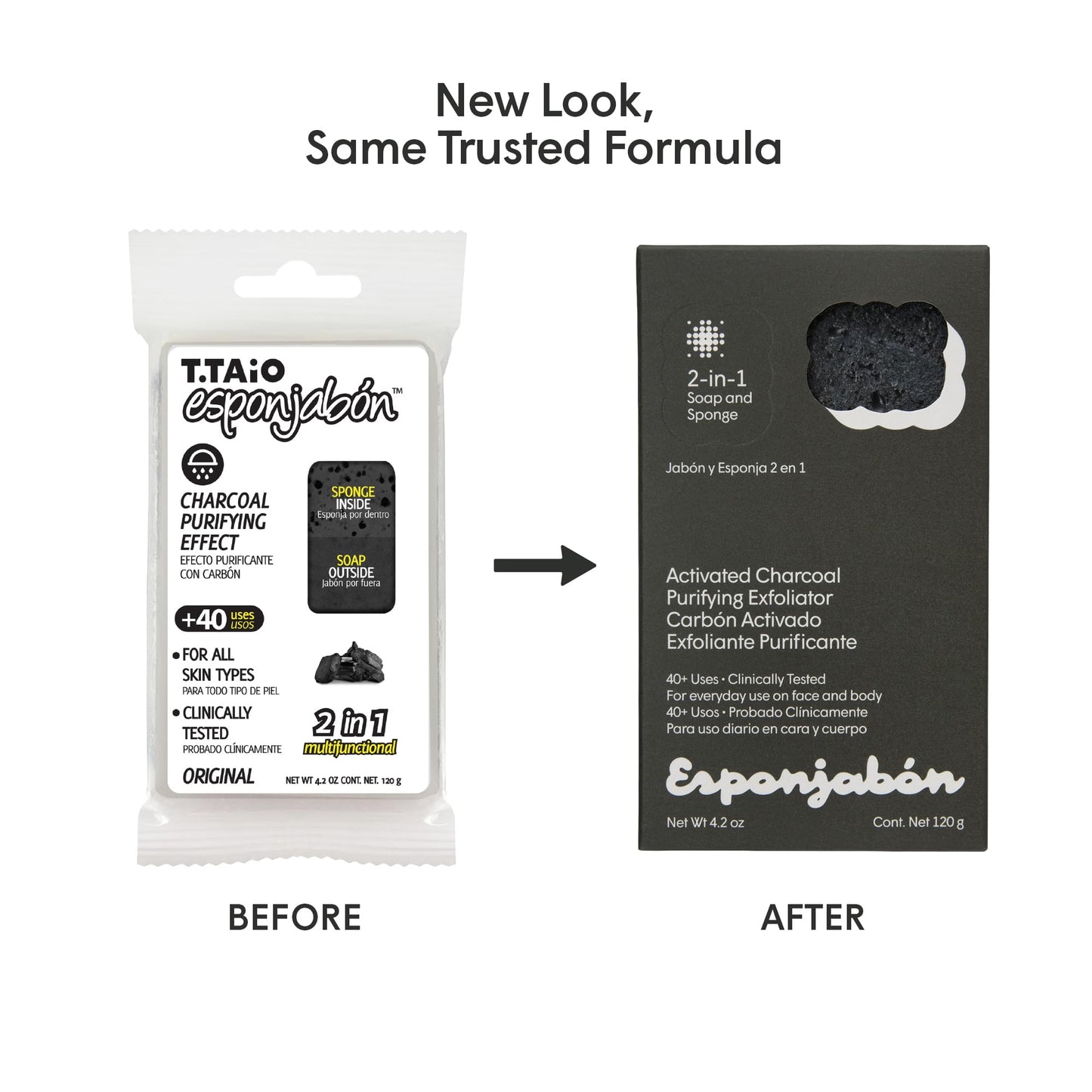 T.Taio Esponjabon Charcoal Soap Sponge - Cleansing Shower Scrubber - Cleaning Bath Wash Scrub - Oil Removal - Massage & Lather Foot, Elbow, & Face - Bathroom Accessories - Charcoal, Mini Soap Included