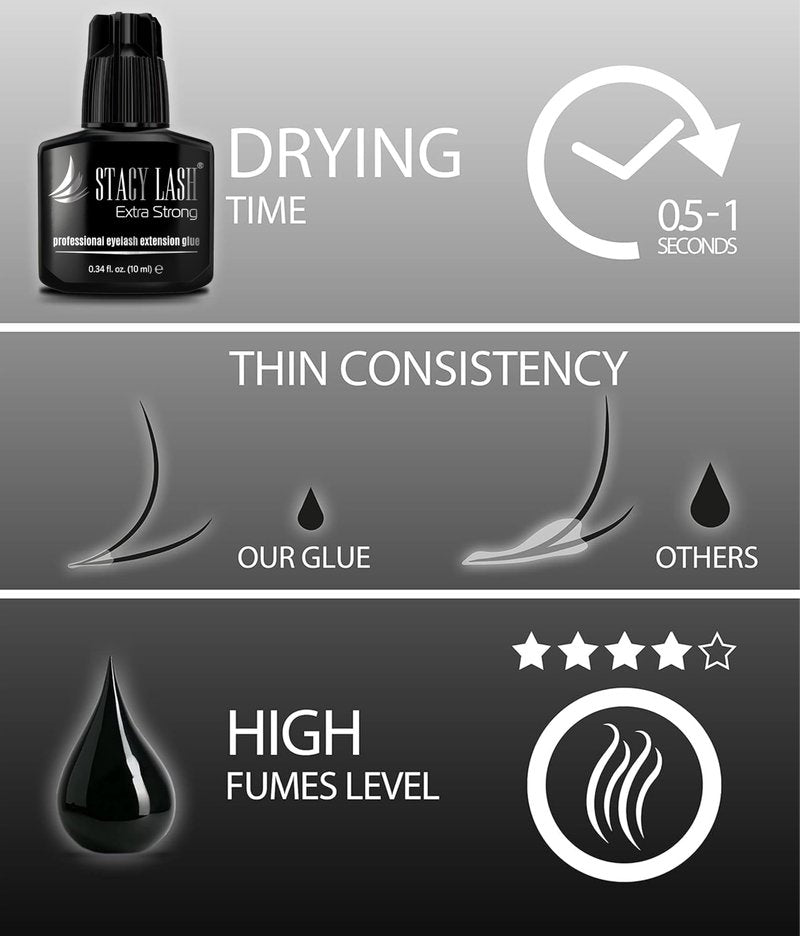 Extra Strong Eyelash Extension Glue Stacy Lash (0.34 fl.oz / 10 ml) / 0.5-1 Sec Dry/Retention – 8 Weeks/Black Adhesive