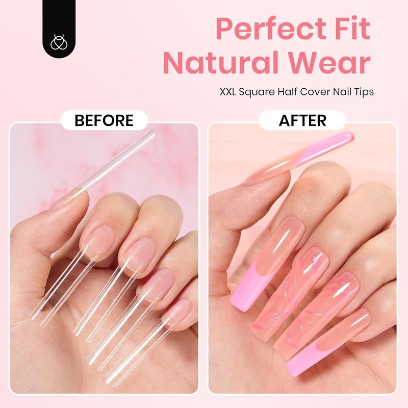 Beetles Gel Nail Tips - XXL Extra Long Square Acrylic Nails | 288 PCS, 12 Sizes, Clear Half Cover Tips
